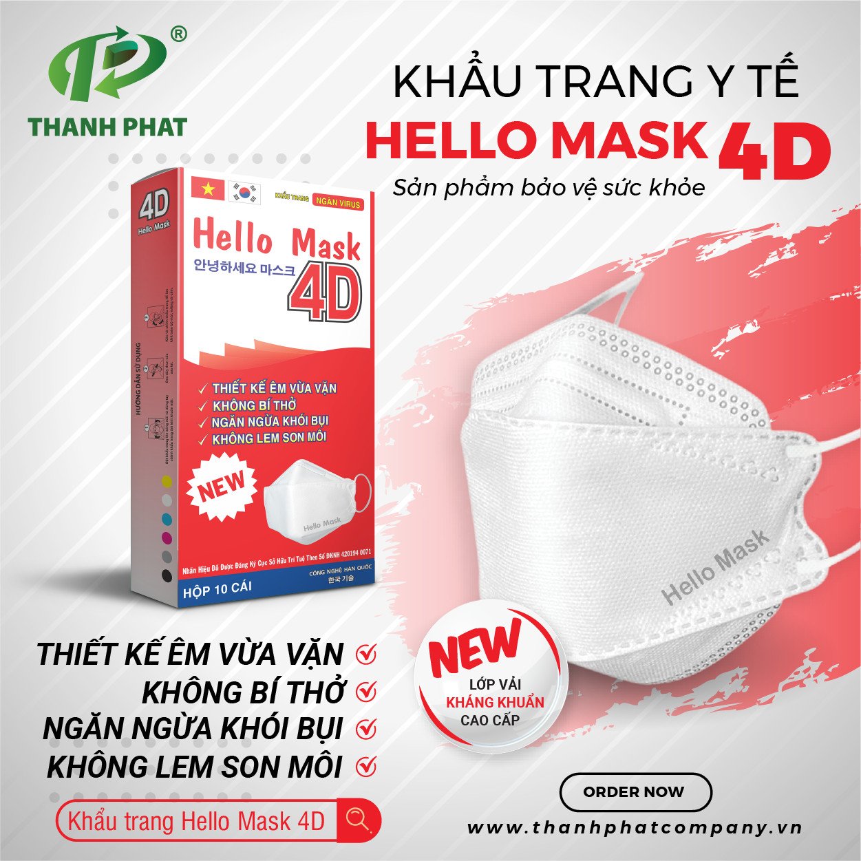 Khẩu Trang Cao Cấp 4D Hello Mask ( Màu trắng - 10 Cái/Hộp )