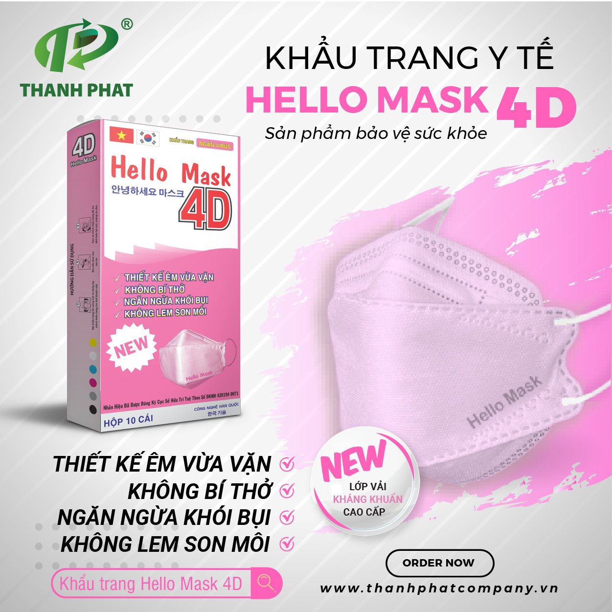 Khẩu Trang Cao Cấp 4D Hello Mask ( Màu hồng)