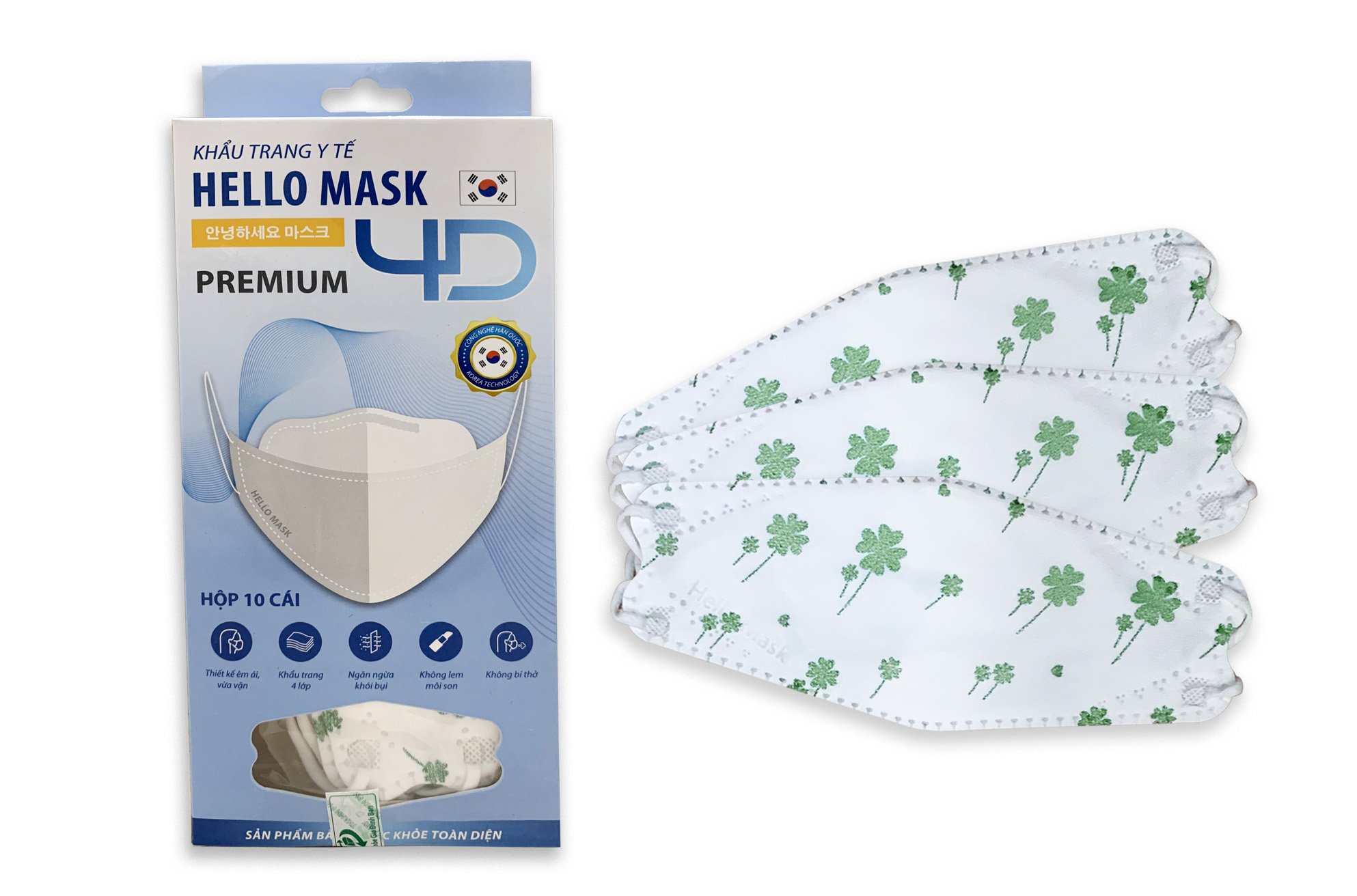 Khẩu Trang Cao Cấp 4D Hello Mask ( Cỏ Bốn Lá Xanh - 10 Cái/Hộp )