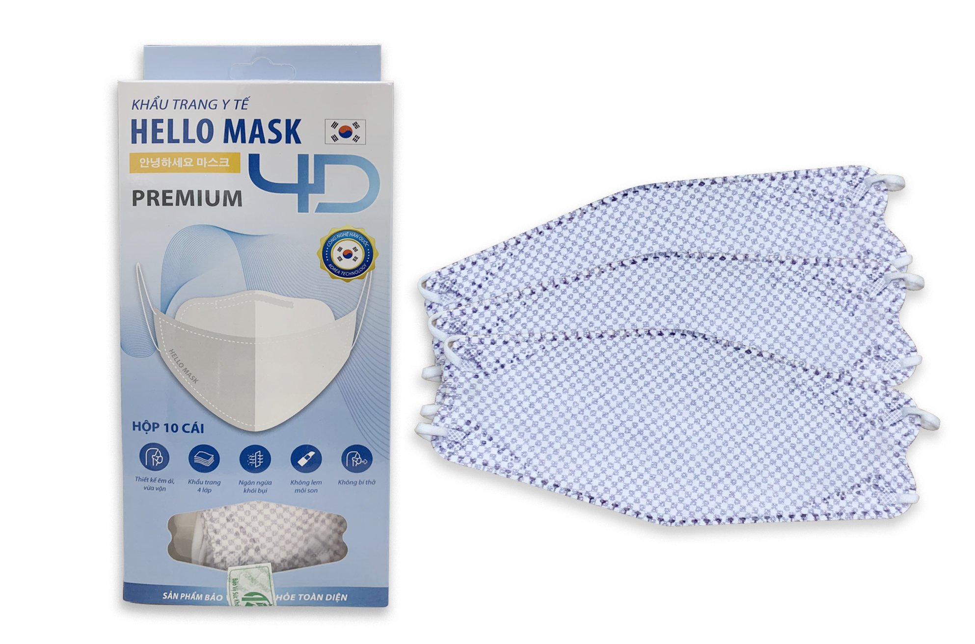 Khẩu Trang Cao Cấp 4D Hello Mask ( Caro Tím - 10 Cái/Hộp)