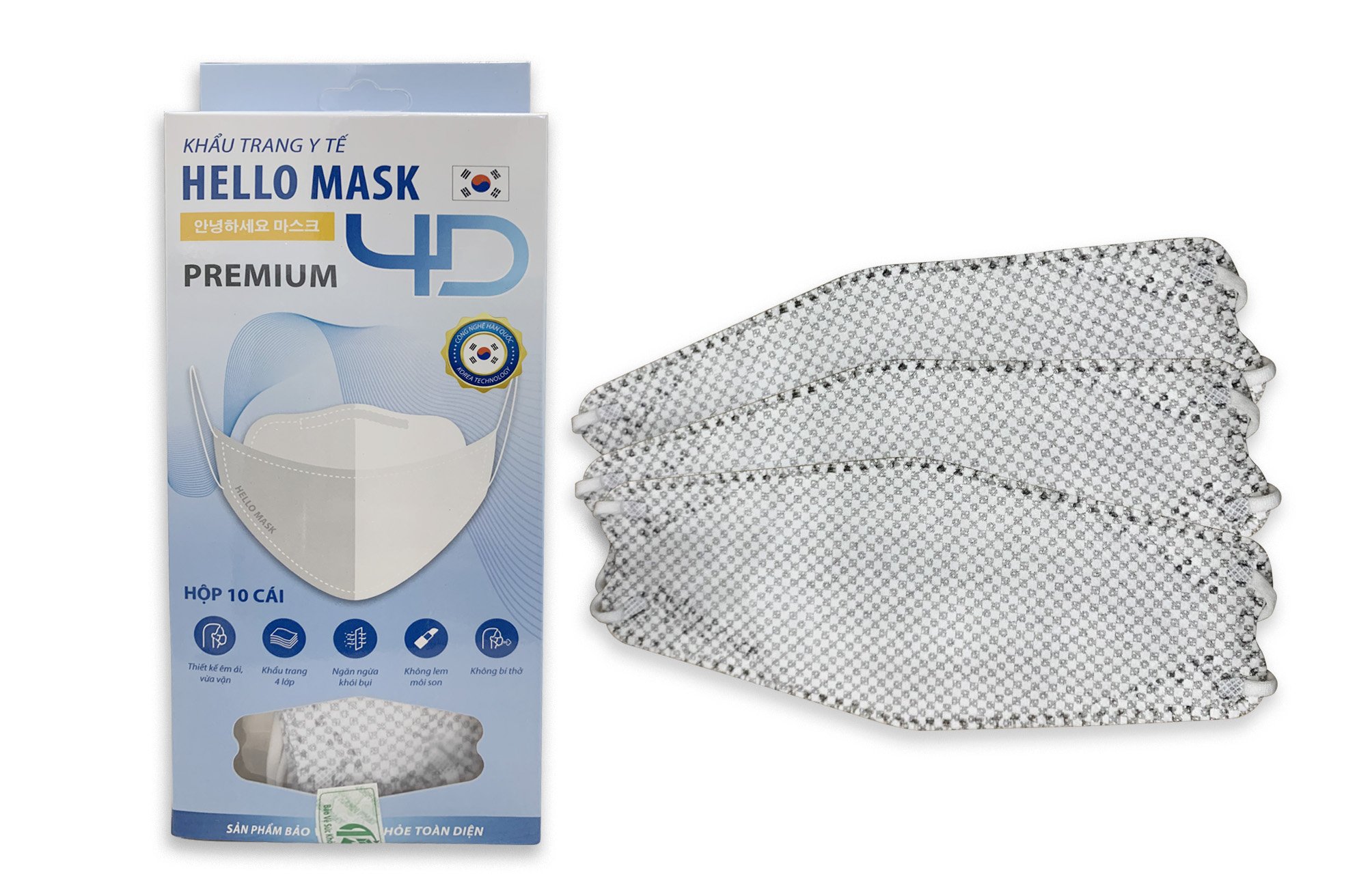 Khẩu Trang Cao Cấp 4D Hello Mask ( Caro Xám - 10 Cái/Hộp)