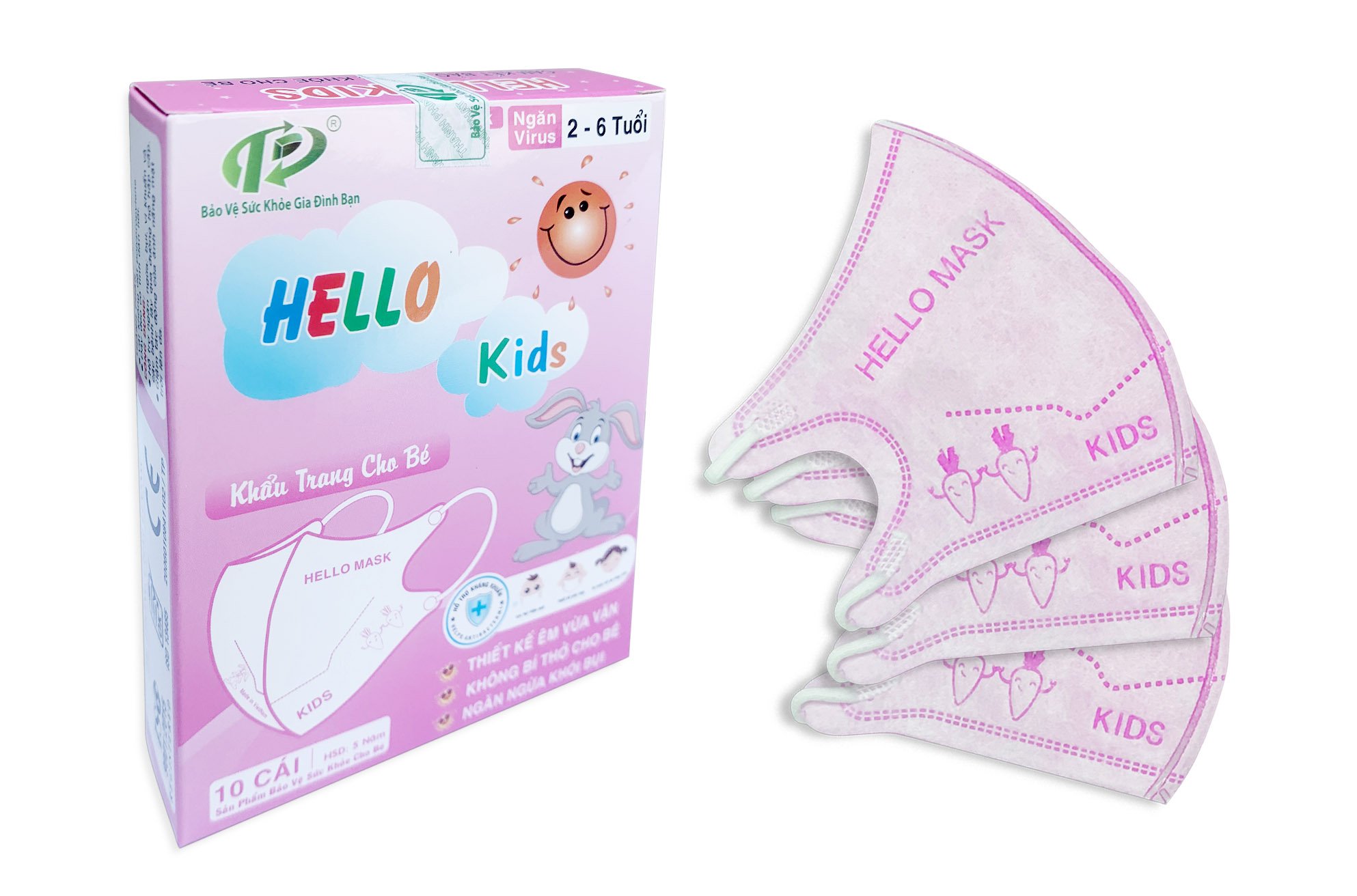 Khẩu Trang Em Bé Hello KIDS - 3D (Màu hồng - 10 Cái/Hộp )