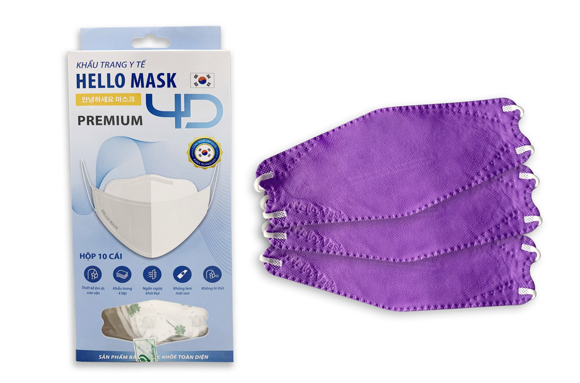 Khẩu Trang Cao Cấp 4D Hello Mask ( Màu Tím - 10 Cái/Hộp )