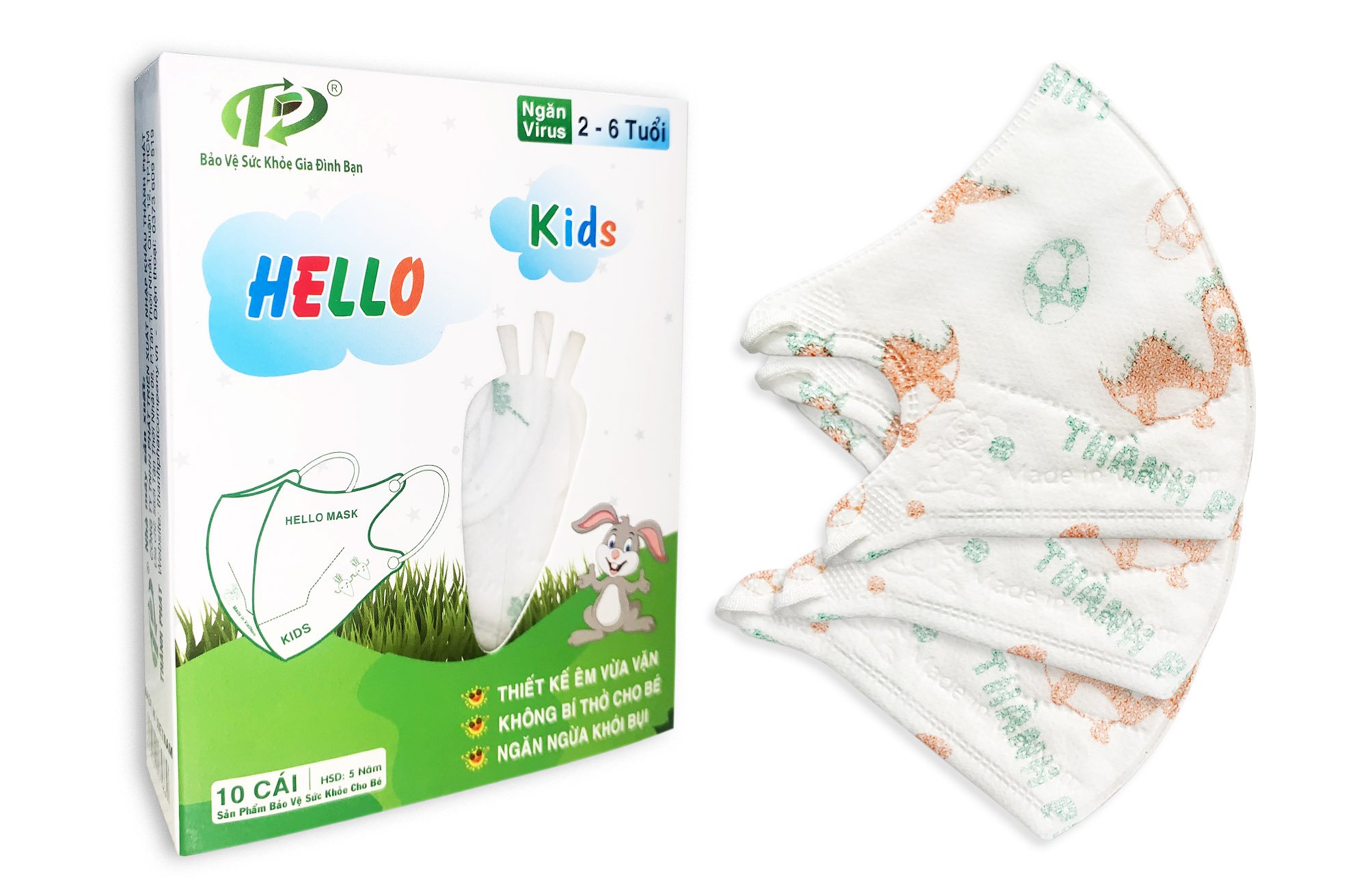 Khẩu Trang Em Bé Hello Kids 3D ( Hoạ Tiết Khủng Long  - 10 Cái/Hộp )