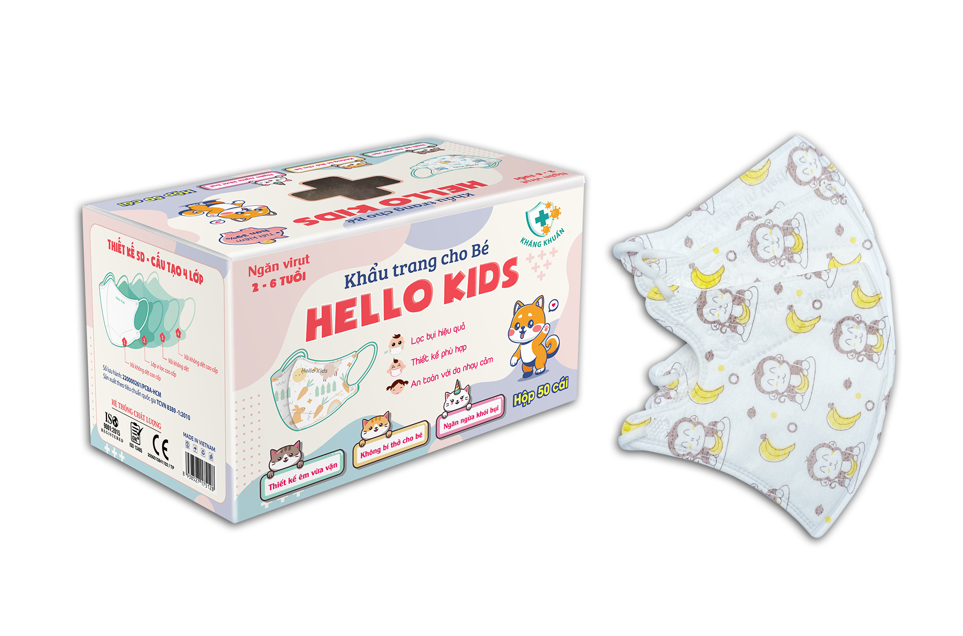 Khẩu Trang Em Bé Hello Kids 3D ( Họa Tiết Khỉ Ăn Chuối - 50 Cái/Hộp )