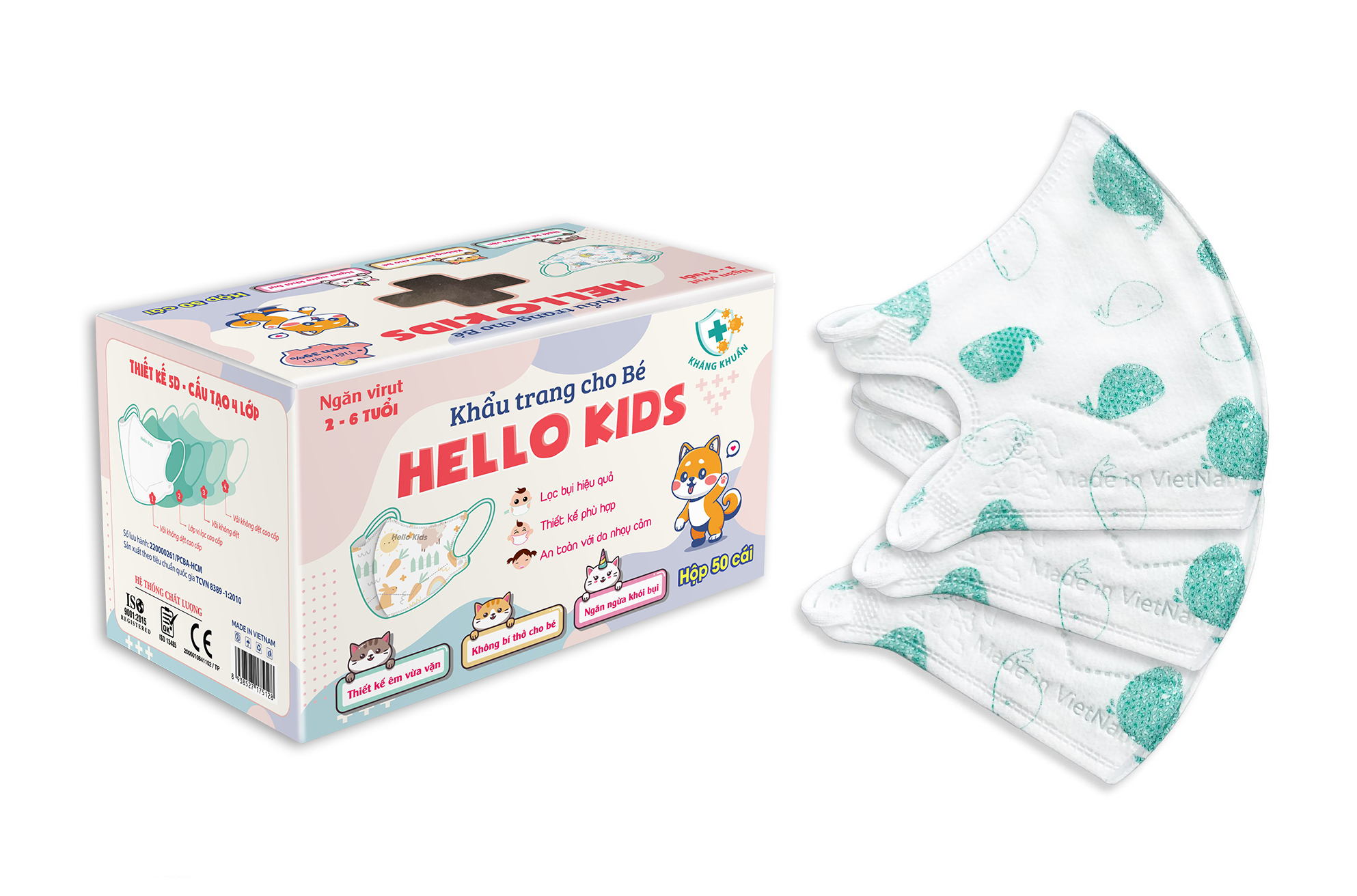 Khẩu Trang Em Bé Hello Kids 3D ( Họa Tiết Cá Voi Xanh - 50 Cái/Hộp )