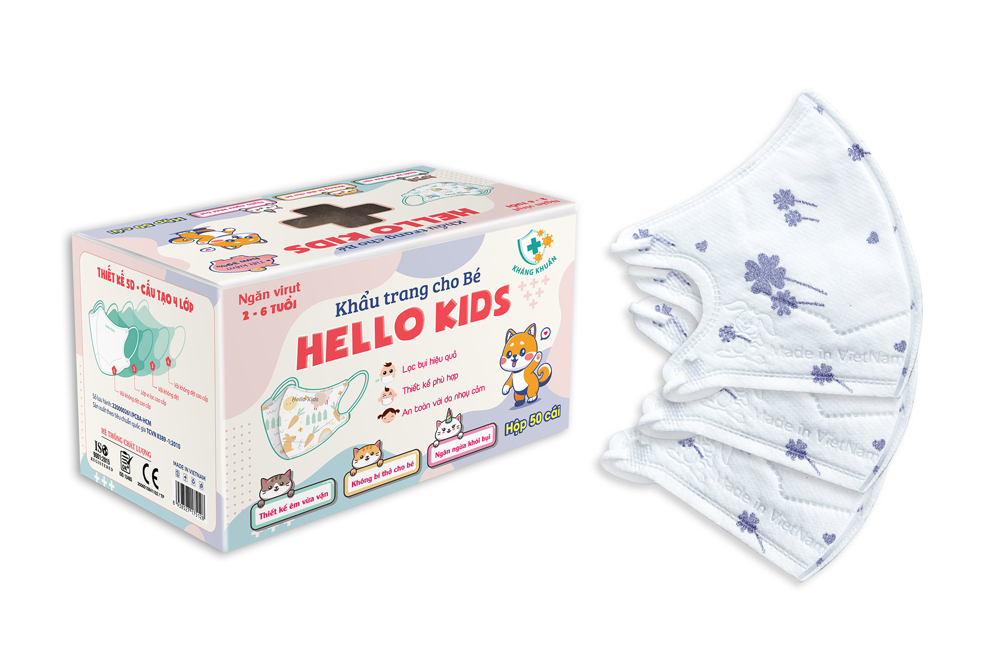 Khẩu Trang Em Bé Hello Kids 3D ( Họa Tiết Cỏ 4 Lá Tím - 50 Cái/Hộp )
