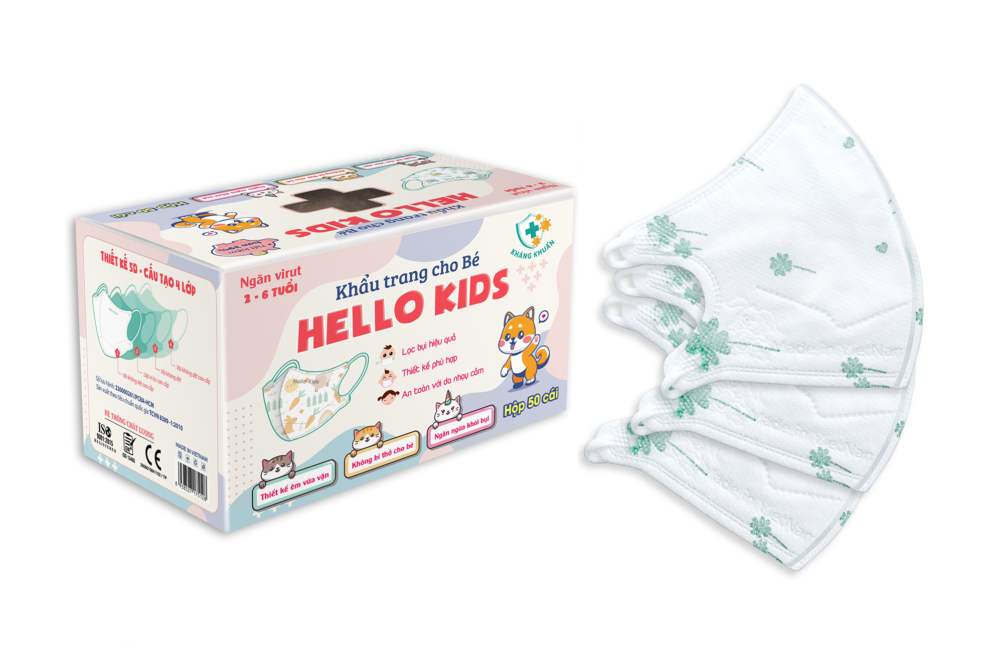 Khẩu Trang Em Bé Hello Kids 3D ( Họa Tiết Cỏ 4 Lá Xanh - 50 Cái/Hộp )