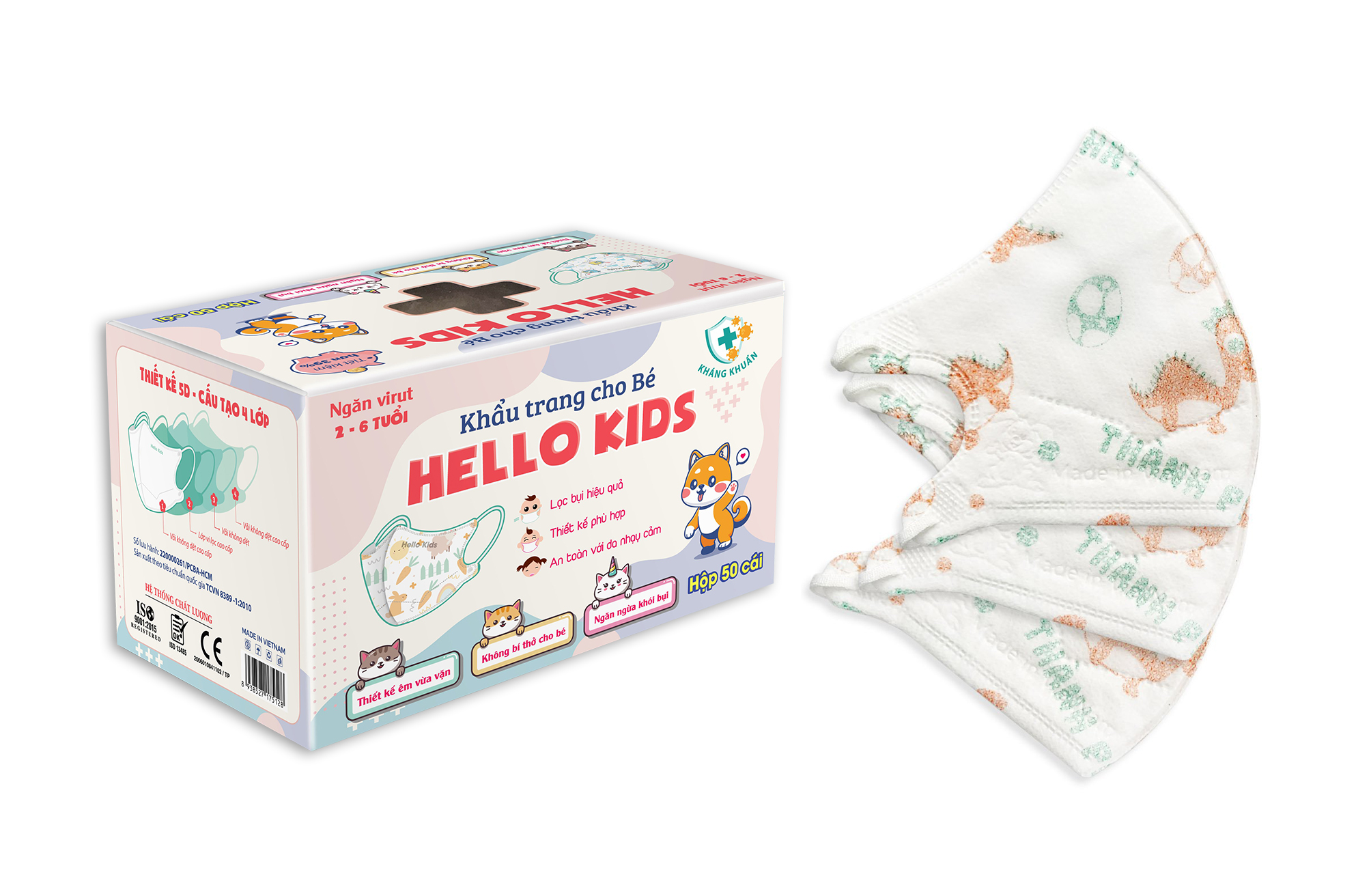 Khẩu Trang Em Bé Hello Kids 3D ( Họa Tiết Khủng Long  - 50 Cái/Hộp )