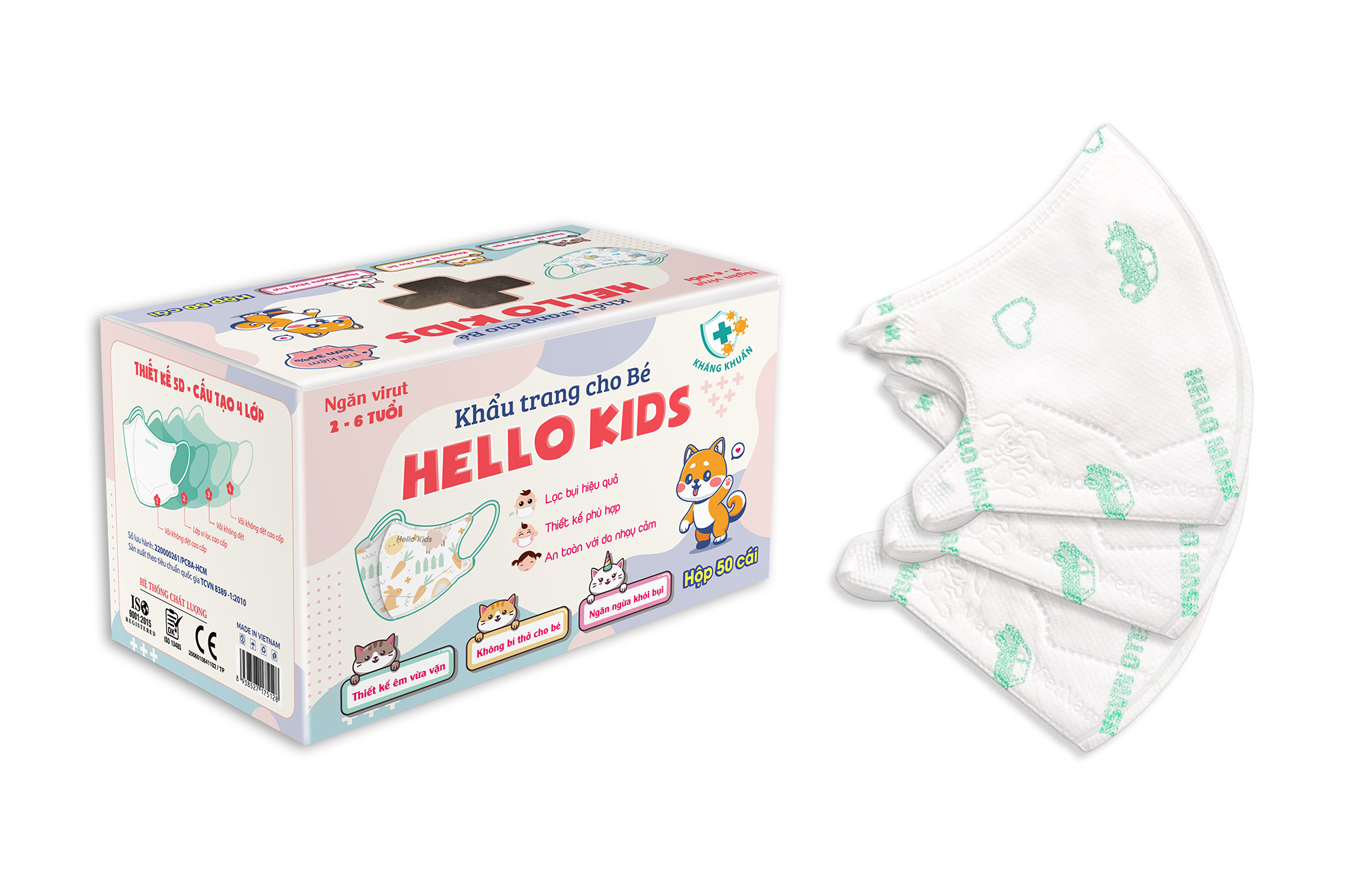 Khẩu Trang Em Bé Hello Kids 3D ( Họa Tiết Ô Tô Xanh Lá - 50 Cái/Hộp )