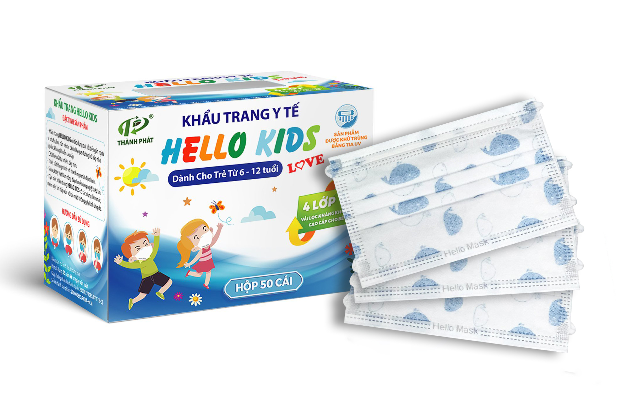 Khẩu Trang Y Tế Hello Kids (  Hoạ Tiết Cá Voi Xanh - 50 cái/hộp )
