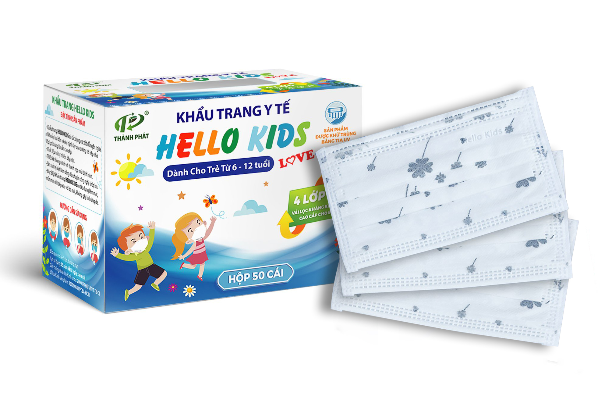Khẩu Trang Y Tế Hello Kids ( Hoạ Tiết Cỏ Bốn Lá Đen - 50 cái/hộp )