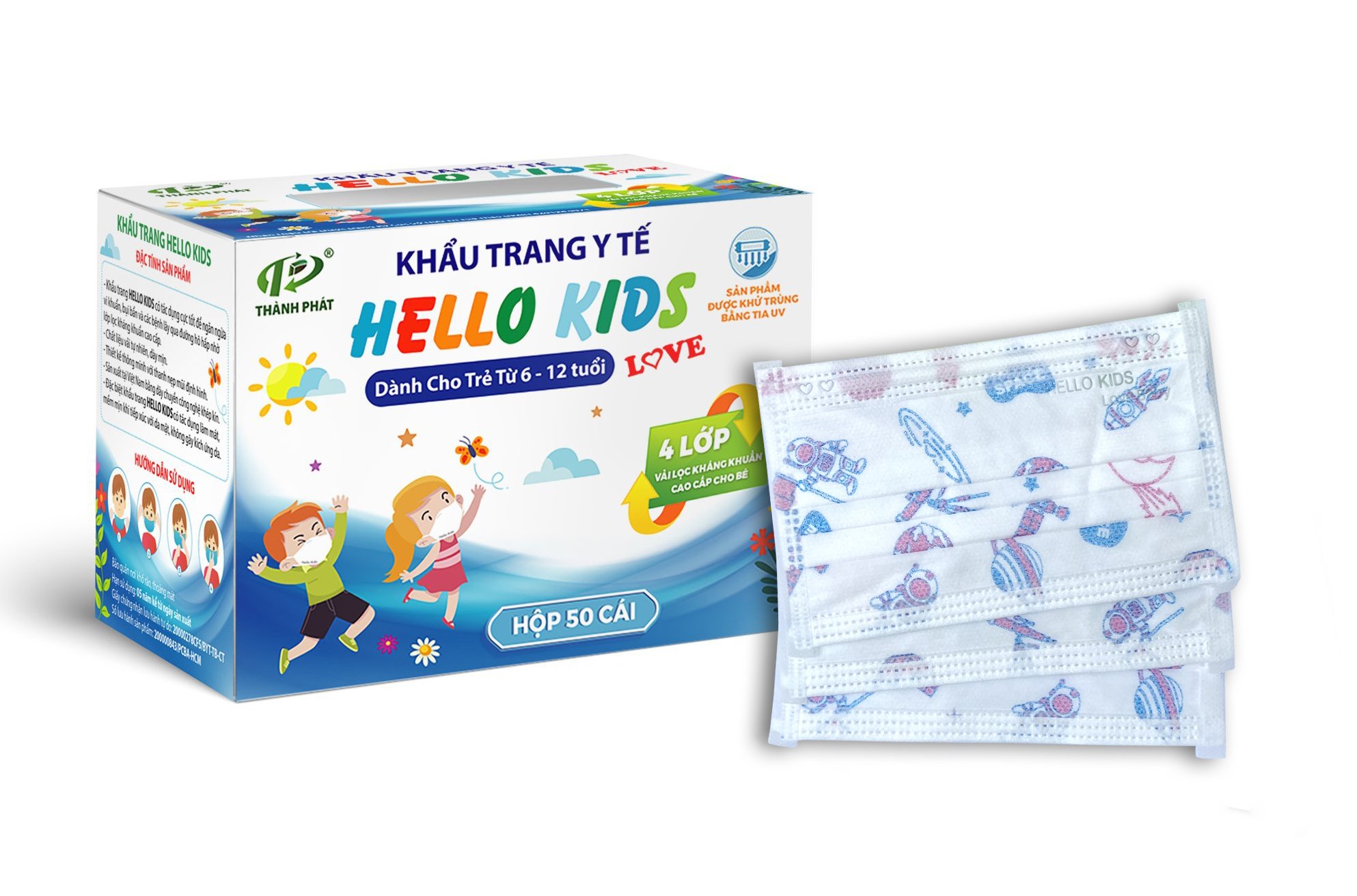 Khẩu Trang Y Tế Hello Kids ( Hoạ Tiết Phi Hành Gia - 50 cái/hộp )