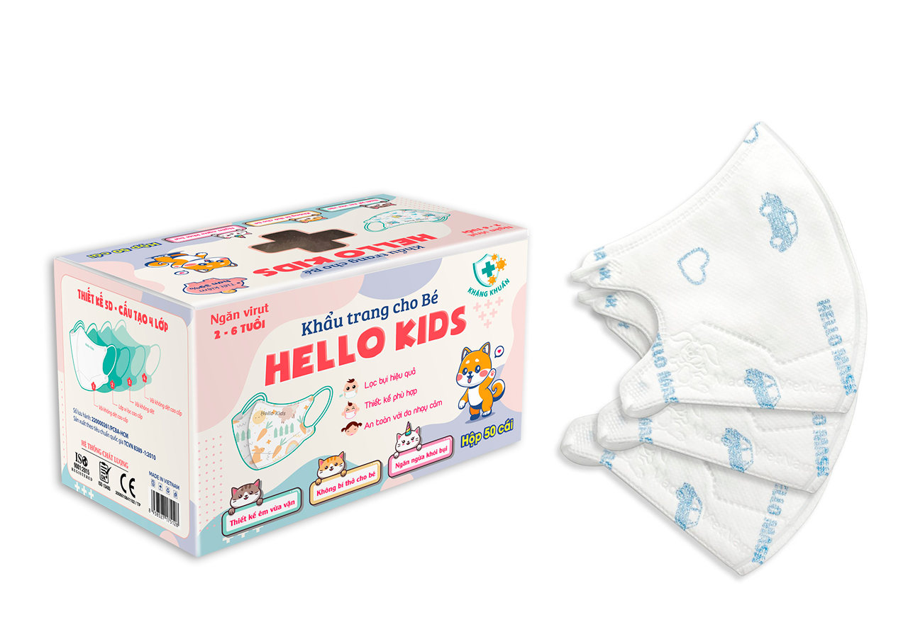 Khẩu Trang Em Bé Hello Kids 3D ( Họa Tiết Ô Tô Xanh - 50 Cái/Hộp )