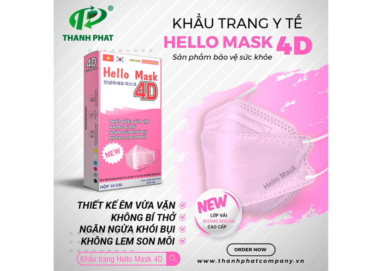 Khẩu Trang Cao Cấp 4D Hello Mask ( Màu hồng - 10 Cái/Hộp )
