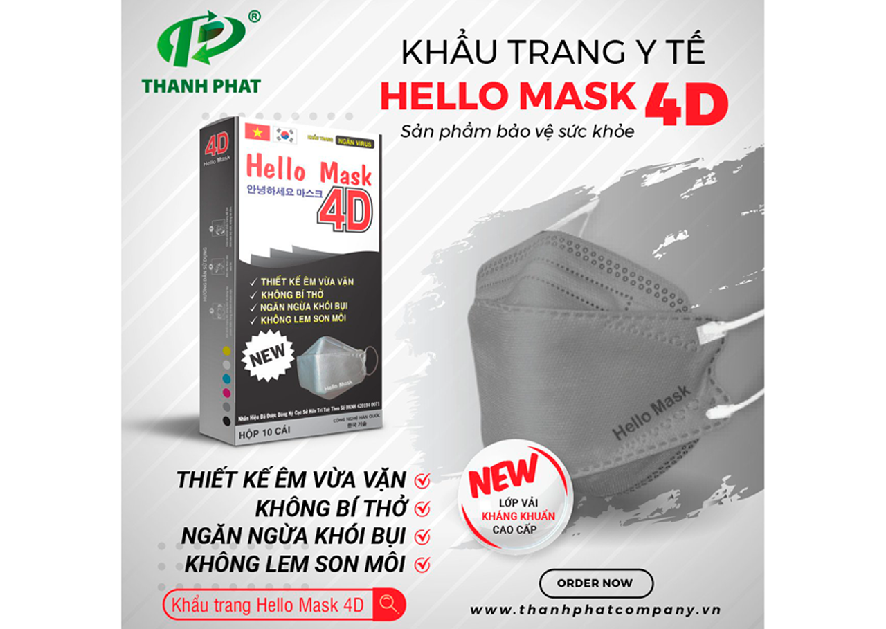 Khẩu Trang Cao Cấp 4D Hello Mask ( Màu xám - 10 Cái/Hộp )