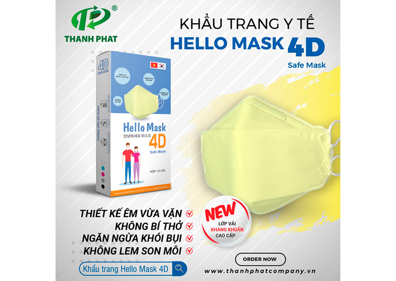 Khẩu Trang Cao Cấp 4D Hello Mask ( Màu vàng - 10 Cái/Hộp )