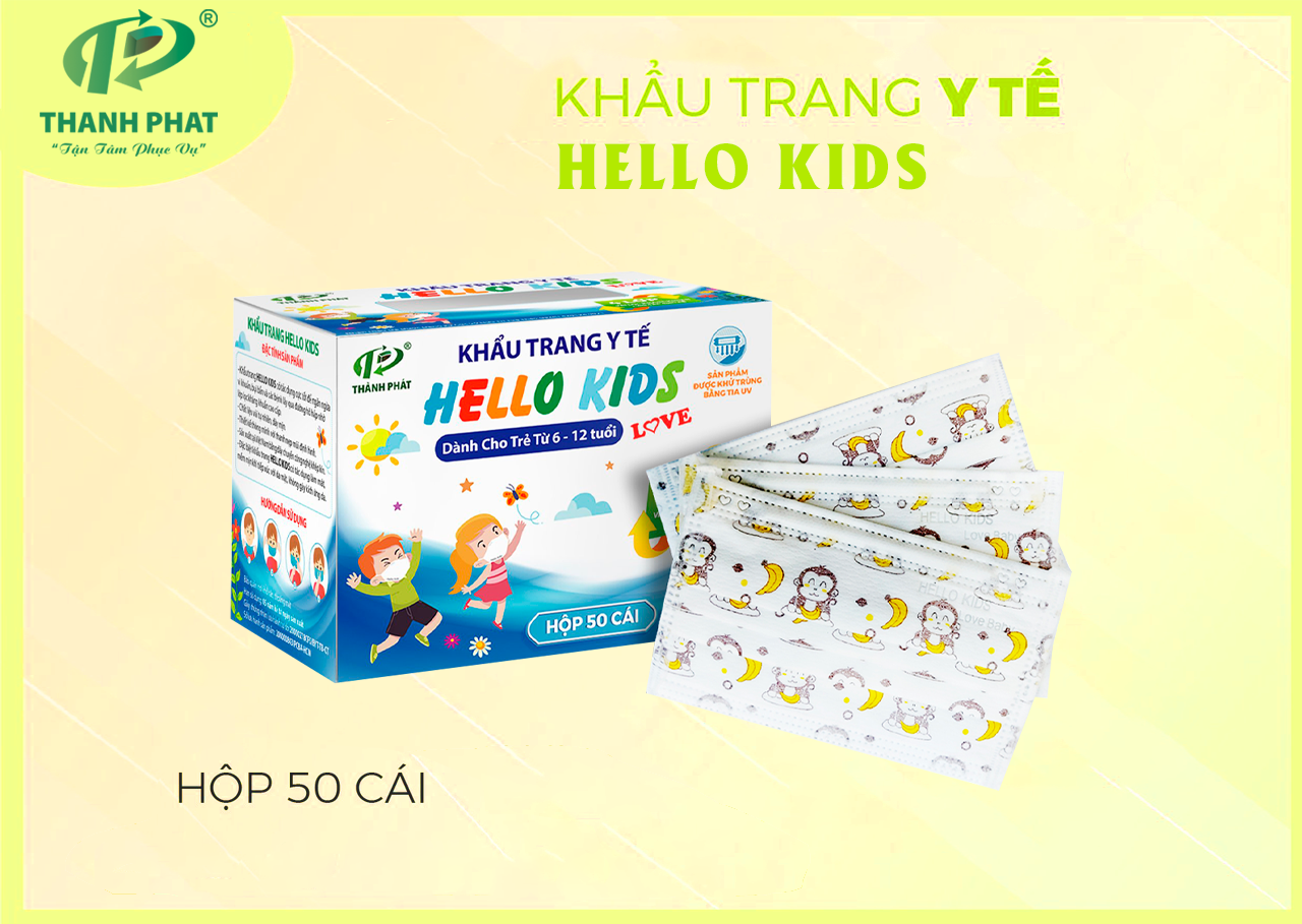 Khẩu Trang Y Tế Hello Kids ( Hoạ Tiết Khỉ ăn chuối - 50 cái/hộp )