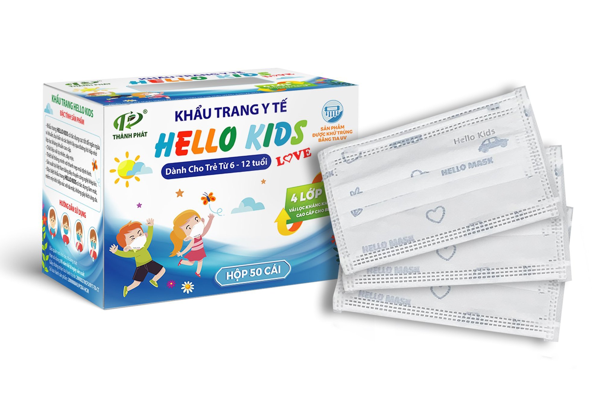 Khẩu Trang Y Tế Hello Kids ( Hoạ Tiết Ôtô Xanh - 50 cái/hộp )