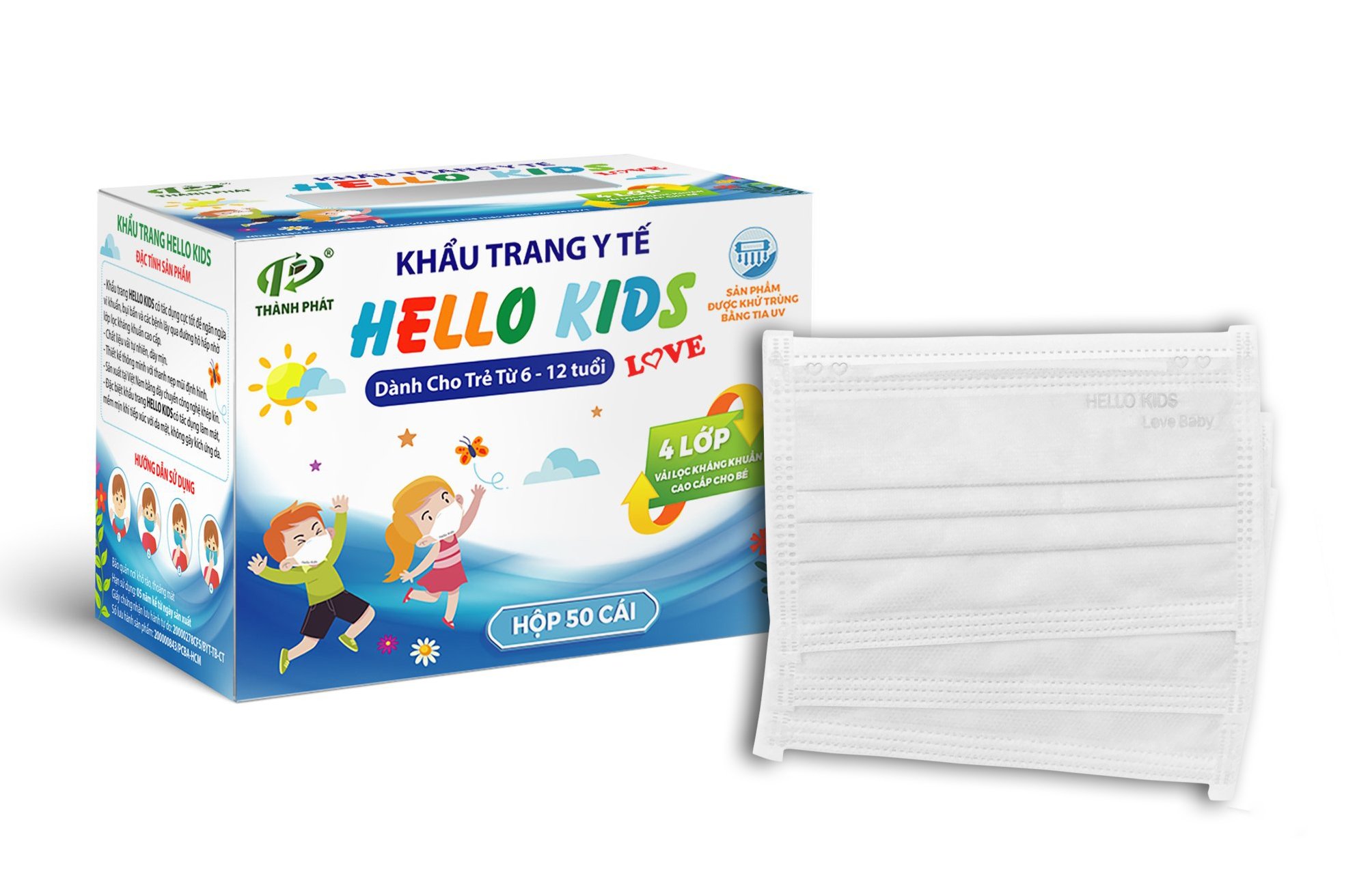 Khẩu Trang Y Tế Hello Kids ( Màu Trắng - 50 cái/hộp )