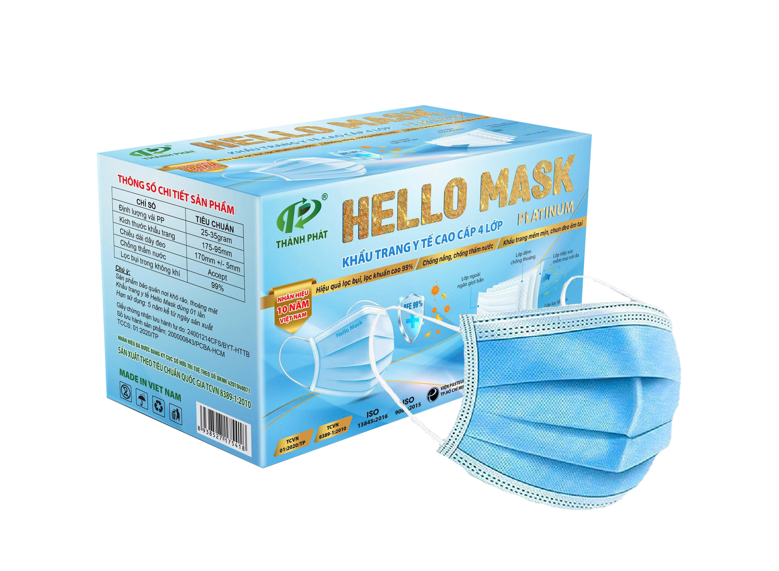 KHẨU TRANG Y TẾ HELLO MASK (4 Lớp - 55 Cái / Hộp ) - MÀU XANH