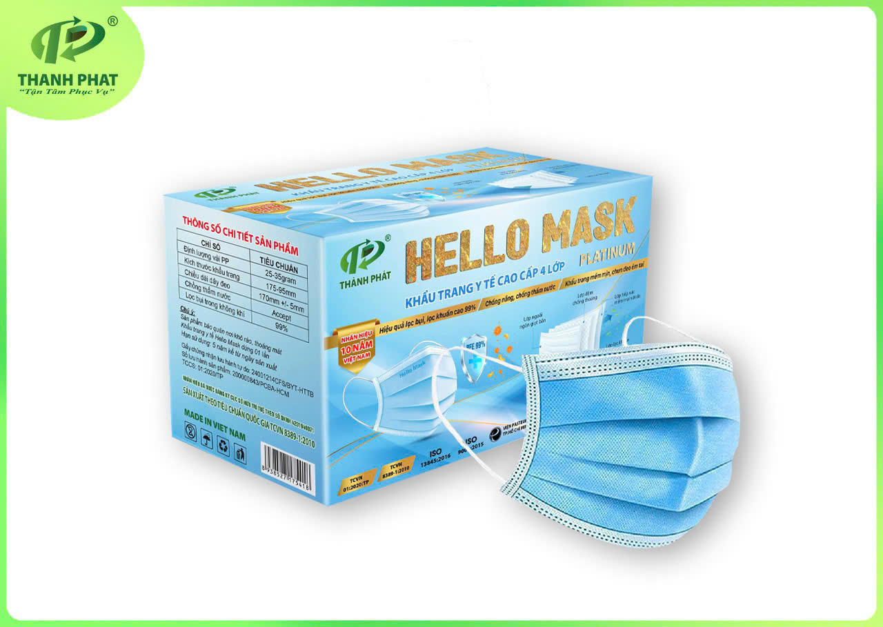 KHẨU TRANG Y TẾ HELLO MASK (4 Lớp - 55 Cái / Hộp ) - MÀU XANH