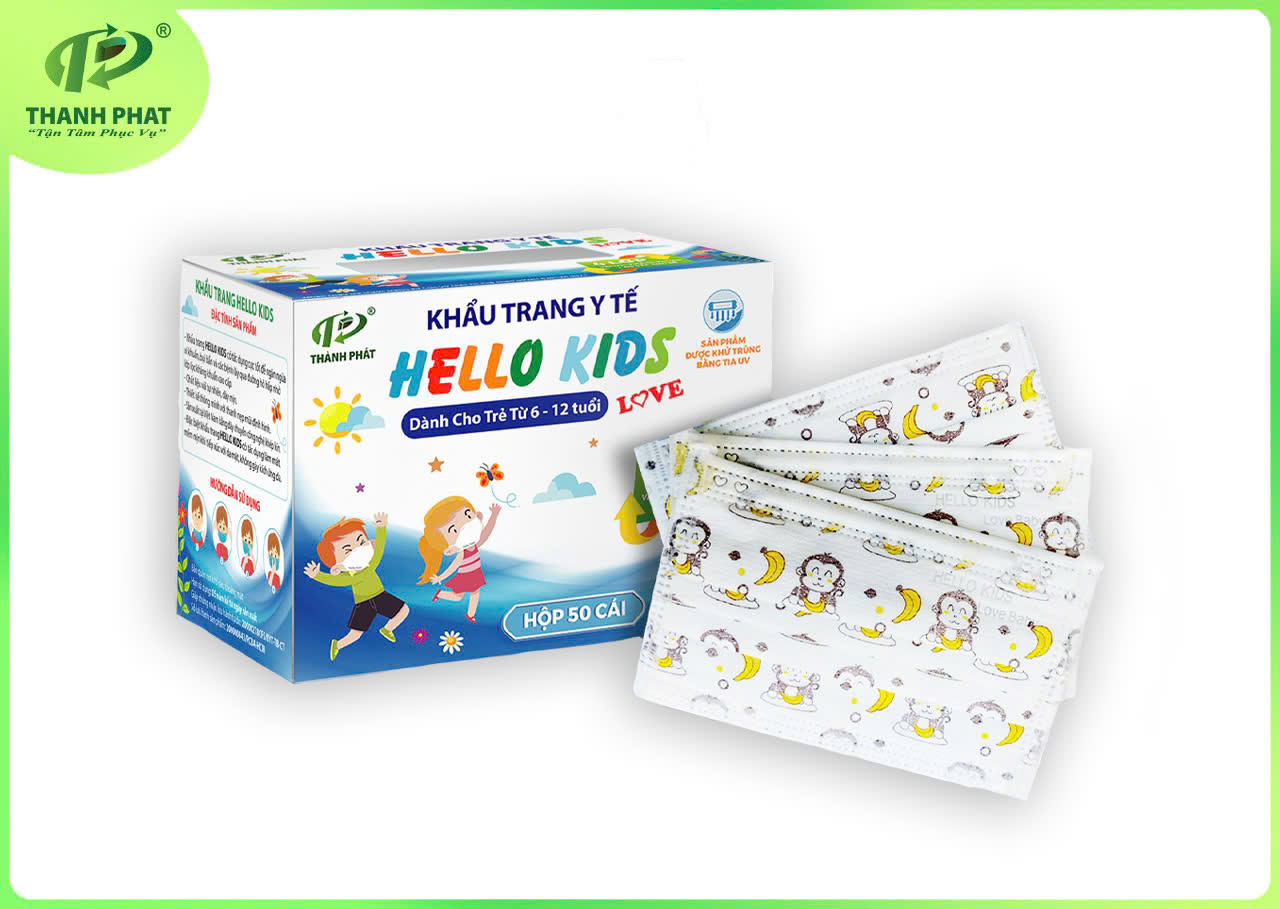 Khẩu Trang Y Tế Hello Kids ( Hoạ Tiết Khỉ ăn chuối - 50 cái/hộp )