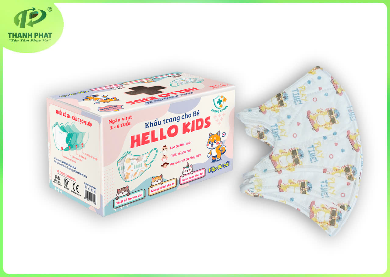 Khẩu Trang Em Bé Hello Kids 3D ( Họa Tiết Mèo Đeo Kính - 50 Cái/Hộp )