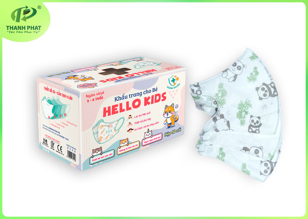 Khẩu Trang Em Bé Hello Kids 3D ( Họa Tiết Gấu Trúc - 50 Cái/Hộp )