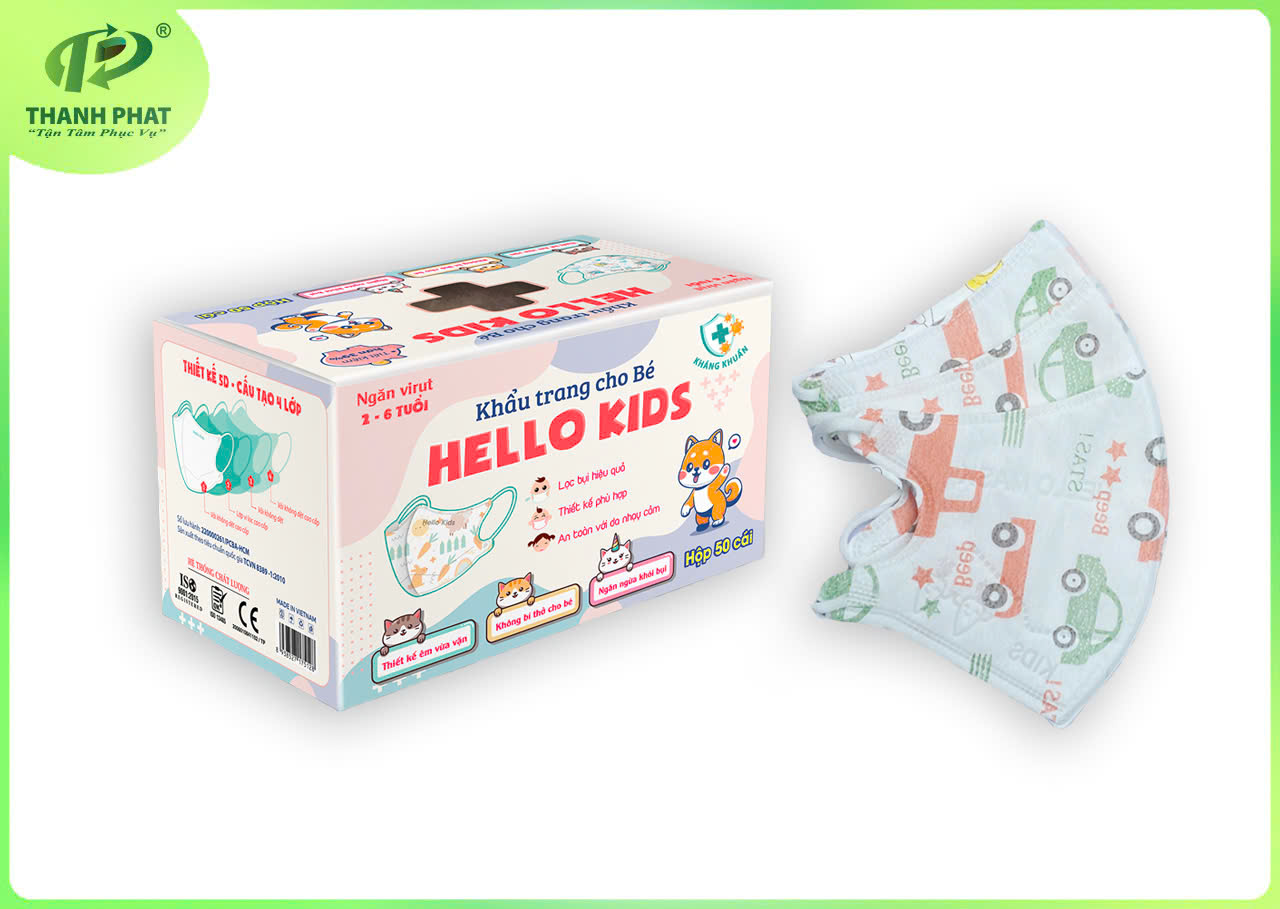 Khẩu Trang Em Bé Hello Kids 3D (Họa Tiết Ô Tô - 50 Cái/Hộp )