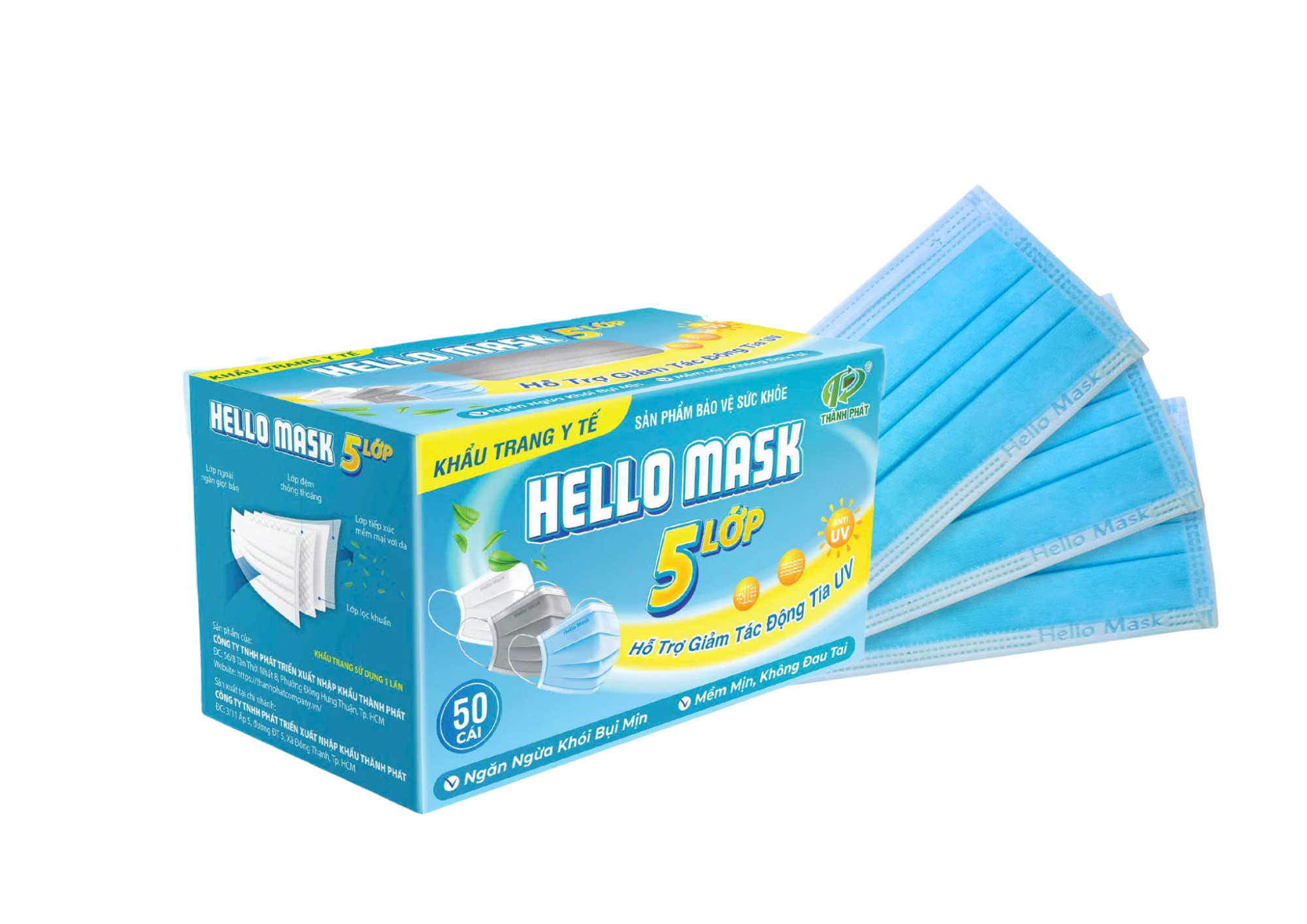 KHẨU TRANG Y TẾ HELLO MASK (5 LỚP MÀU XANH  - 50 Cái/Hộp )